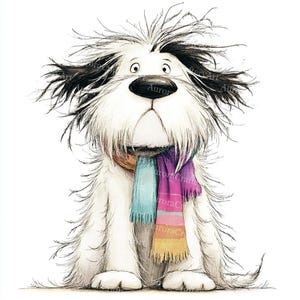 May include: A charming illustration of a shaggy dog with a startled expression. The dog has black and white fur, large eyes, and a colourful scarf in shades of blue, pink, and orange. The artwork has a soft, watercolour style.