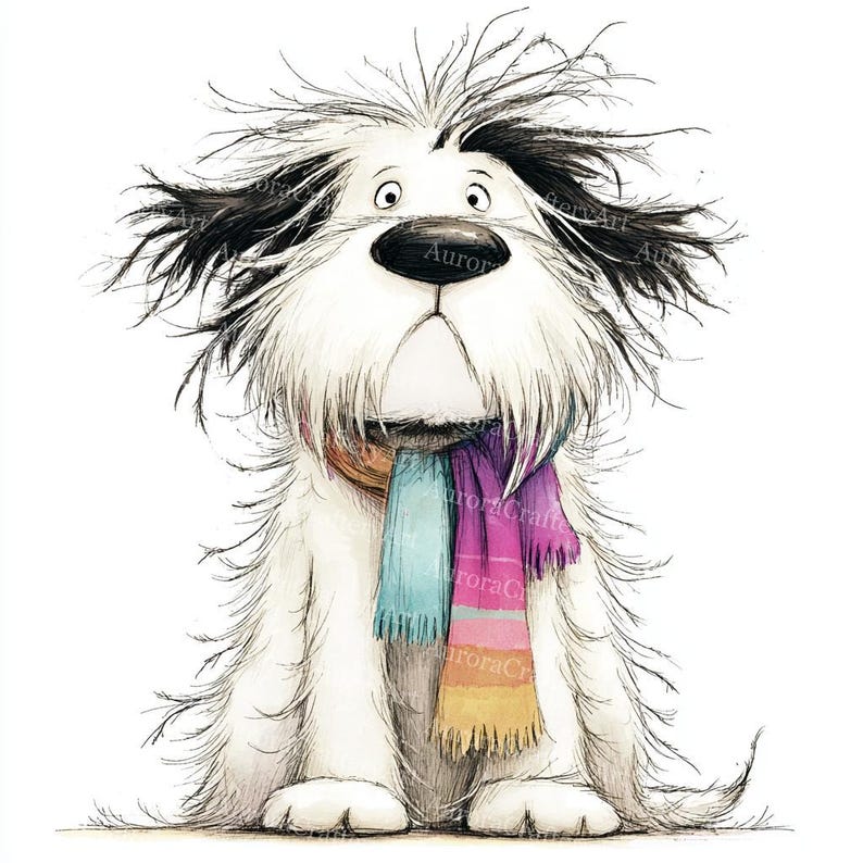 May include: A charming illustration of a shaggy dog with a startled expression. The dog has black and white fur, large eyes, and a colourful scarf in shades of blue, pink, and orange. The artwork has a soft, watercolour style.