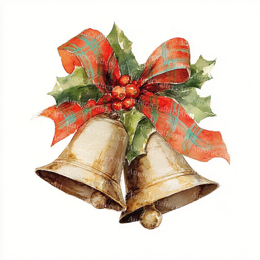 16 Christmas Bell Clipart: Golden Watercolor Jingle Bells (digital ...