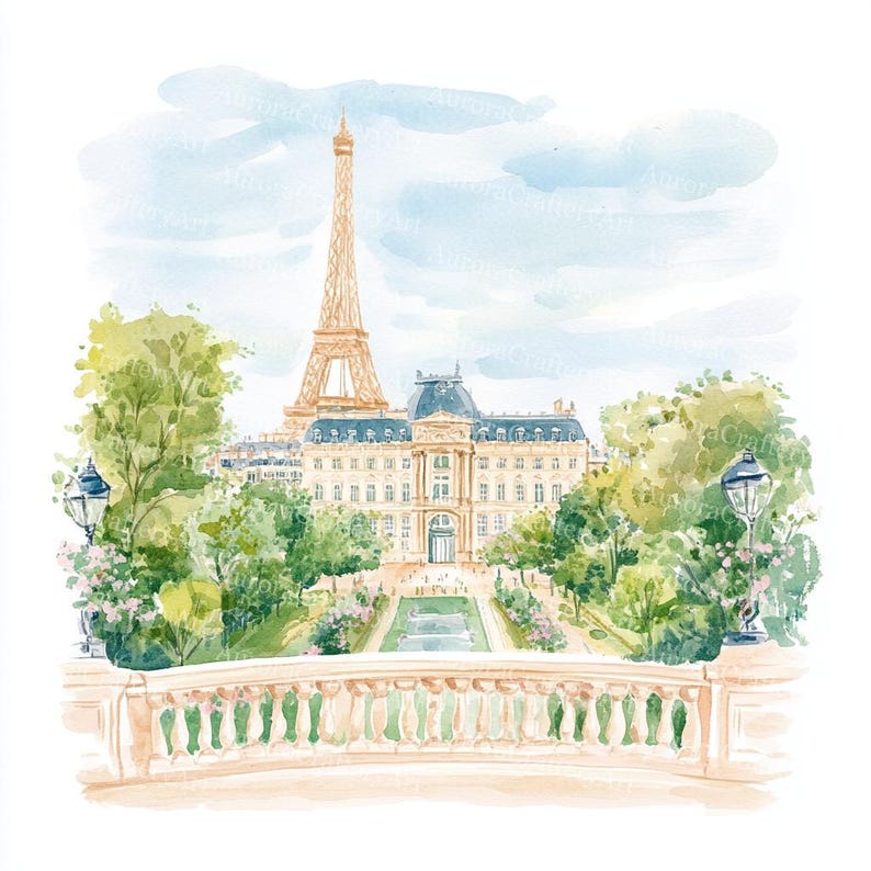 K&ouml;nnte beinhalten: Aquarellmalerei des Eiffelturms und eines Pariser Geb&auml;udes mit blauem Dach. Das Kunstwerk zeigt &uuml;ppige gr&uuml;ne B&auml;ume, rosa Blumen und eine beige Steinbalustrade im Vordergrund. Der Himmel ist hellblau.