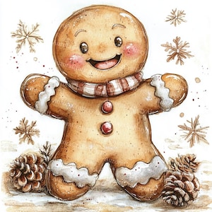 Op de afbeelding: Waterverfillustratie van een lachende peperkoekman met roze wangen, met een rood-witte gestreepte sjaal. De peperkoekman heeft witte glazuuraccenten en rode knopen. Sneeuwvlokken en dennenappels omringen de figuur, wat een feestelijk thema creëert.