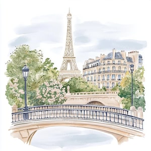 K&ouml;nnte beinhalten: Aquarellmalerei des Eiffelturms in Paris. Das Kunstwerk zeigt den ber&uuml;hmten Turm, Geb&auml;ude, eine Br&uuml;cke, B&auml;ume und eine Stra&szlig;enlaterne. Die Farbpalette umfasst Beige, Gr&uuml;n und Hellblau.