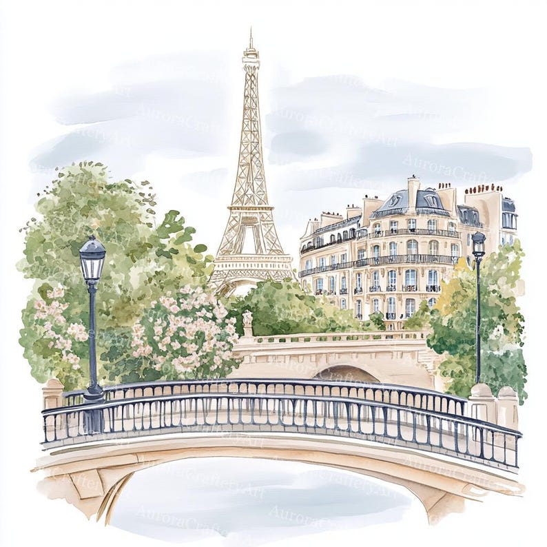 K&ouml;nnte beinhalten: Aquarellmalerei des Eiffelturms in Paris. Das Kunstwerk zeigt den ber&uuml;hmten Turm, Geb&auml;ude, eine Br&uuml;cke, B&auml;ume und eine Stra&szlig;enlaterne. Die Farbpalette umfasst Beige, Gr&uuml;n und Hellblau.