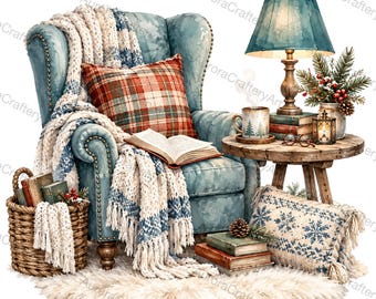May include: A blue wingback chair draped with a white and blue knit throw, featuring a red plaid pillow and an open book. Beside it, a wooden side table holds a lamp, a mug, books, and a lantern. A basket of books and a snowflake pillow sit nearby.