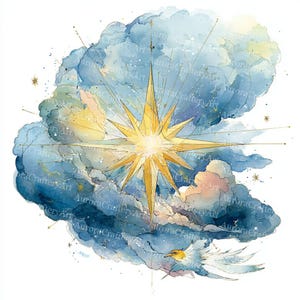 Op de afbeelding: Waterverfschilderij van een gouden sterrenuitbarsting die licht uitstraalt, tegen een achtergrond van blauwe en witte wolken. Fijne gouden lijnen en kleine sterren accentueren de hemelse scène. Het kunstwerk heeft een dromerige, etherische kwaliteit.