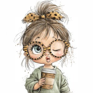 May include: Illustration of a girl winking, wearing large round glasses with a tiger stripe pattern, and a matching bow. She holds a coffee cup. The girl has light brown hair and is wearing a green sweater. The image has a watercolor style.