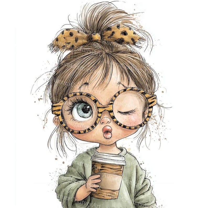 May include: Illustration of a girl winking, wearing large round glasses with a tiger stripe pattern, and a matching bow. She holds a coffee cup. The girl has light brown hair and is wearing a green sweater. The image has a watercolor style.