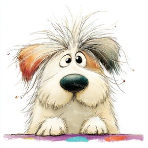 May include: A cartoon illustration of a shaggy dog with a startled expression. The dog has a white and grey coat, big eyes, and a black nose. The artwork is set against a white background, with a purple and blue border at the bottom.