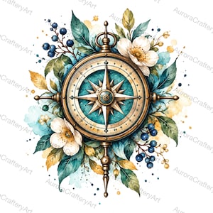 May include: A circular brass compass with a teal face and a central star design, surrounded by white flowers, dark blue berries, and green and yellow leaves. The illustration features watercolour-style splashes and the text AuroraCrafteryArt.