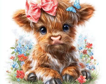 23 Baby Girl Highland Cow with Bow and Flowers Clipart, Farm Cow Clipart, Cute Cow, Printable Watercolor, High Quality JPG, Digital download