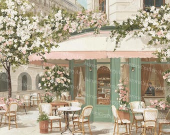 24 Pink and Green Paris Cafe Clipart, Paris Travel Art, Printable Watercolor, High-Quality JPG, Wallpaper, JunkJournal, Scrap Booking