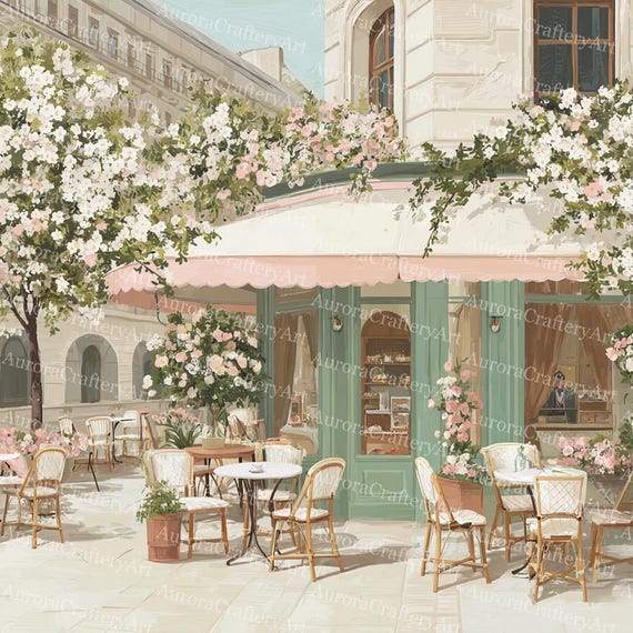 24枚のピンクとグリーンのパリカフェのクリップアート、パリ旅行アート