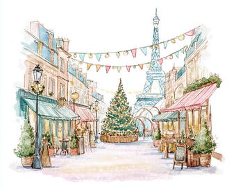 12 Christmas in Paris Clipart, Cute Paris Clipart, Paris Travel Art, Printable Watercolor, JPGs, Paper Craft, Junk Journal