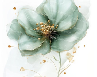 18 Abstract Green Floral Clipart, Mint Green & Gold Flowers, Card