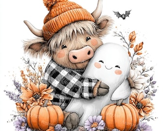 11 Fall Highland Cow Ghost Clipart, Spooky Season Autumn Cow, Halloween Pumpkin Spice, Boo Ghost Sublimation Design Digital, Cow Lover