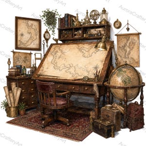 May include: A wooden drafting desk with a large map, a swivel chair, and a floor globe. The workspace includes a chest of drawers, wall-mounted maps, a shelf with books and instruments, a brass lamp, a rug, and a leather backpack on the floor.