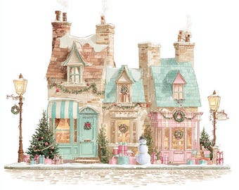 May include: Watercolor illustration of three quaint Christmas-themed shops. The buildings feature pastel colors, snow-covered roofs, and festive decorations like wreaths and garlands. Presents and a snowman are in front of the shops.