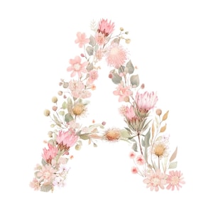 Puede incluir: Una letra "A" floral compuesta por diversas flores y vegetación de color rosa y melocotón. El arreglo incluye proteas, delicadas flores y follaje suave, creando un diseño romántico y elegante. Perfecto para arte mural o regalos personalizados.