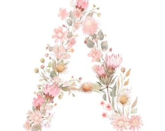 26 imágenes prediseñadas del alfabeto floral, imágenes prediseñadas del alfabeto rosa, gráficos del alfabeto floral en acuarela, alfabeto floral de primavera, letras alfabéticas florales