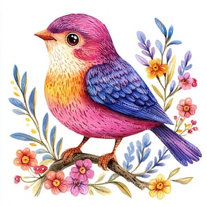 18 Floral Bird Clipart, Bird And Blossom, Printable Watercolor Clipart, High Quality JPGs, Digital download, Paper Craft, Junk Journal