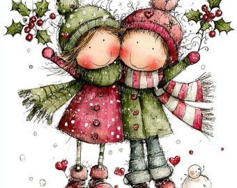 May include: Watercolor illustration of two figures embracing, wearing winter attire. One figure is in a red polka-dot dress and green hat, the other in a green coat and pink hat. Both have scarves and hold holly branches. A snowman is at their feet.