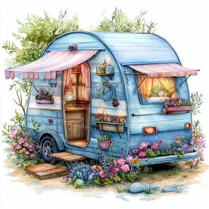 20 Cozy Whimsical Camper Clipart, Card Making, Printable Watercolor, High-Quality JPG, Paper Craft, Junk Journal, Digital Download