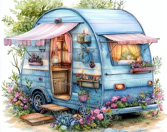 May include: Watercolor illustration of a vintage blue camper with a pink and white striped awning. The camper has a wooden door, window boxes filled with flowers, and is surrounded by colorful blooms and greenery. A charming, whimsical design.