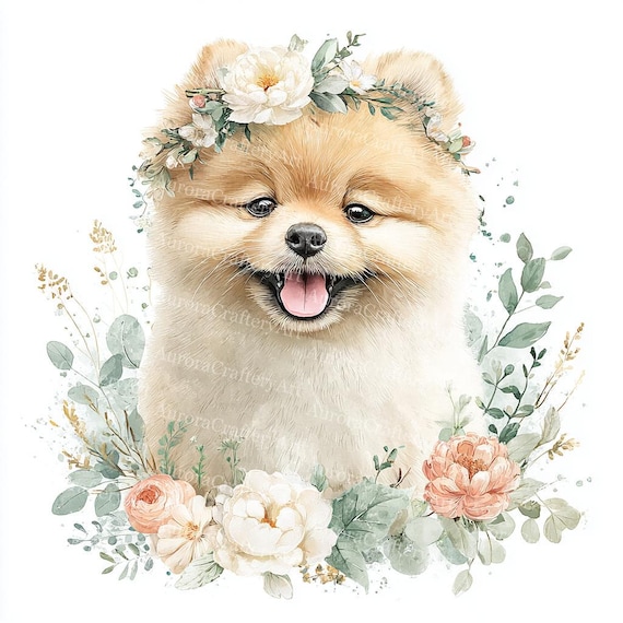 花柄の犬のクリップアート14点、花を持ったかわいい子犬、ペット好きへ
