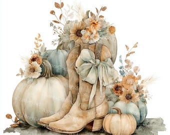 21 Fall Cowgirl Boots Clipart, Western Autumn Floral Design, Western Fall, Floral Pumpkin, Coquette Fall, Watercolor Printable, JunkJournal