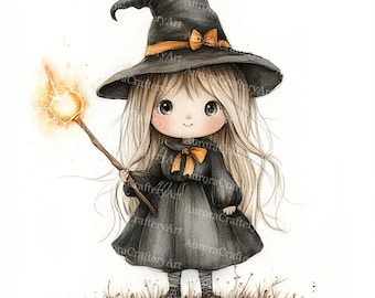21 Quirky Cute Witch Clipart, Cute Halloween Clipart, Pumpkin, Printable Watercolor, High-Quality JPGs, Paper Craft, Junk Journal