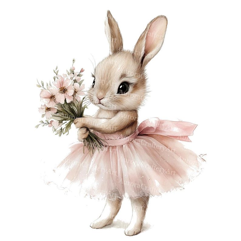 May include: A watercolor illustration of a bunny wearing a pink tutu and holding a bouquet of pink flowers. The bunny has brown fur, large black eyes, and long ears. The tutu has a bow at the waist. The overall theme is whimsical and cute.