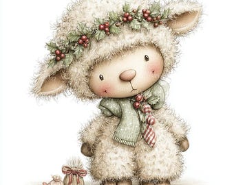 17 Cute Christmas Sheep Clipart, Holiday Lamb, Christmas Card, Printable Watercolor, High-Quality JPGs, Paper Craft, Junk Journal