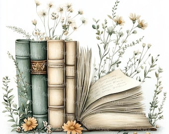 15 Floral Book Clipart, Wildflower Book, Book Lovers, Printable Watercolor, High Quality JPGs, Digital Download, Paper Craft, Junk Journal