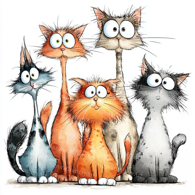 13 udda katter clipart, nyckfull kattunge clipart, högkvalitativ JPG, akvarell clipart, skräpjournal, digital nedladdning, papperspyssel clipart bild 3