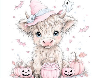 22 Cute Highland Cow Halloween Clipart, Spooky Season, Cute Cow, Pinky Girly Halloween, Nursery, Printable Watercolor, High Quality JPGs