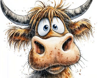 14 Quirky Highland Cow Clipart, Farm Cow Clipart, Funny Cow, Printable Watercolor Clipart, High Quality JPGs, Digital download, Paper craft