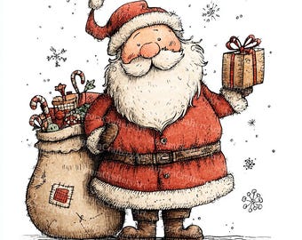 12 Watercolor Santa Clipart, Whimsical JPG, Digital Download, Christmas Card, Printable Watercolor, Paper Craft, Junk Journal