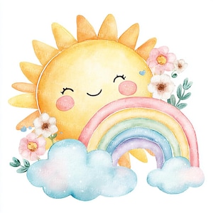 Puede incluir: Ilustración en acuarela de un sol sonriente con un arcoíris, nubes y flores. El sol es amarillo con una cara sonriente y mejillas rosadas. Un arcoíris pastel se arquea sobre una nube azul. Flores rosas y blancas rodean el sol.