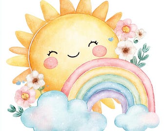 22 Cute Sun and Rainbow Clipart, Kids Nursery Rainbow, Baby Shower, Printable Watercolor, High-Quality JPGs, Paper Craft, Junk Journal