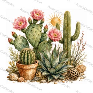 Op de afbeelding: Een aquarelillustratie met een verzameling groene cactussen en vetplanten, waaronder een schijfcactus met roze bloemen, een hoge saguaro en een ronde cactus in een terracotta pot, tegen een witte achtergrond met een gele zon.