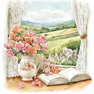 May include: A watercolour painting depicts a window scene with a vase of pink and orange roses. An open book and petals are on a wooden surface. The window shows rolling green hills and a blue sky.