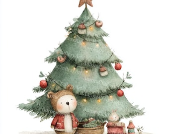 May include: Watercolor illustration of a decorated Christmas tree with a star topper, ornaments, and lights. A bear in a red jacket and a bunny are at the base of the tree. The image has the text "Aurora Craftery Art".