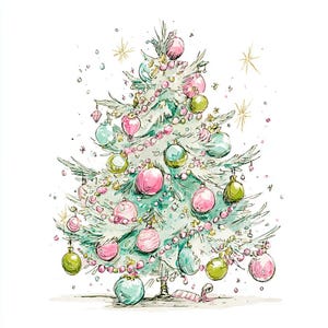 May include: Watercolor illustration of a Christmas tree decorated with pink, green, and blue ornaments. The tree is adorned with a string of pearls and gold star accents. The artwork has a whimsical, hand-drawn style, perfect for holiday decor.