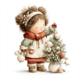 May include: Watercolor illustration of a young child decorating a small Christmas tree. The child wears a white coat, red scarf, and brown boots. The tree is adorned with ornaments and a small teddy bear.