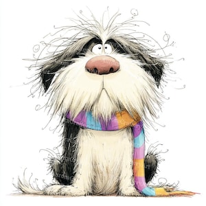 May include: A cartoon illustration of a shaggy dog with black and white fur, wearing a colourful striped scarf. The dog has a large pink nose and a surprised expression. The artwork is in a whimsical style.