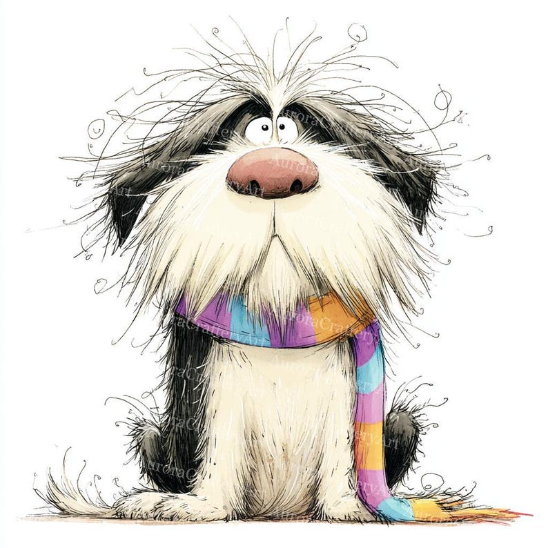 May include: A cartoon illustration of a shaggy dog with black and white fur, wearing a colourful striped scarf. The dog has a large pink nose and a surprised expression. The artwork is in a whimsical style.