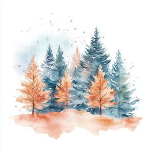 30 Christmas Trees Clipart, Christmas Landscape, Printable Watercolor, High Quality JPGs, Paper Craft, Junk Journal, Digital Download