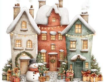 May include: Watercolor illustration of three snow-covered houses with Christmas decorations. The houses are in shades of white, red, and green, with string lights and wreaths. A snowman and wrapped gifts are in front of the houses.