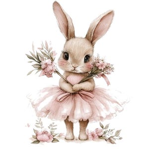 May include: A watercolor illustration of a bunny wearing a pink tutu and holding a bouquet of flowers. The bunny has long ears, big eyes, and rosy cheeks. The image has a soft, pastel color palette, with pinks, greens, and browns.