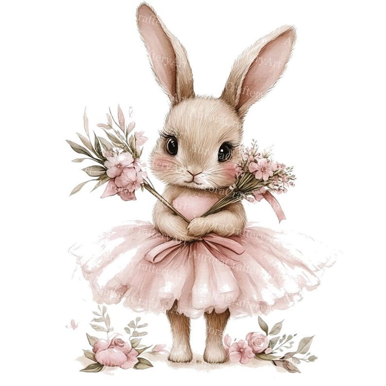 May include: A watercolor illustration of a bunny wearing a pink tutu and holding a bouquet of flowers. The bunny has long ears, big eyes, and rosy cheeks. The image has a soft, pastel color palette, with pinks, greens, and browns.